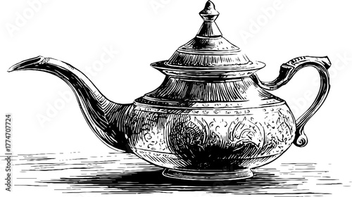 Vintage engraving of an ornate metal teapot with curved spout and handle