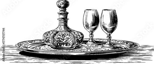 Vintage engraving of ornate silver tray with glass decanter and goblets for elegant dining setting