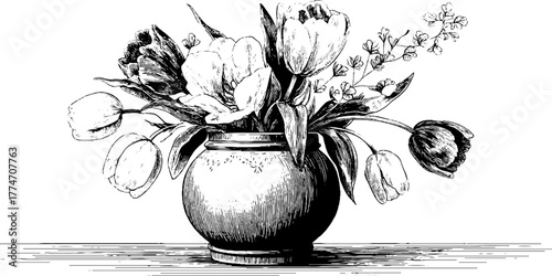 Ornate vase with blooming tulips - vintage hand drawn engraving for design