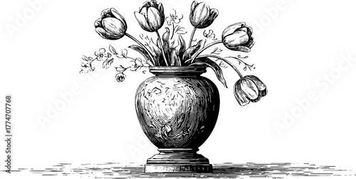 Ornate vase with blooming tulips in vintage engraving style for decorative design