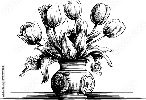 Ornate vase with blooming tulips - vintage floral design for prints and cards