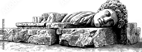 Reclining statue fragment on broken pedestal - vintage hand drawn engraving for art and design