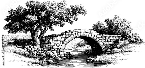 Vintage engraving of ruined stone bridge over scenic river for retro poster design