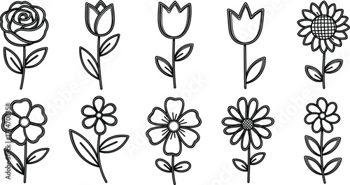 Set of Cute Hand Drawn Doodle Flower Outline Icons Vector Illustration