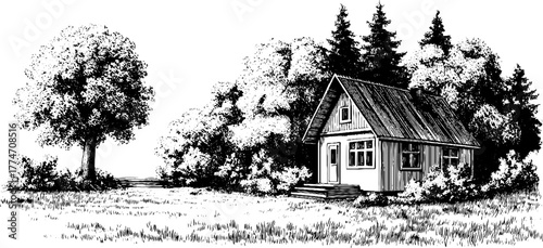 Vintage cottage in natural setting surrounded by trees and grass