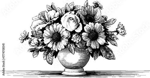 Vintage floral arrangement in antique porcelain vase design for cards and posters