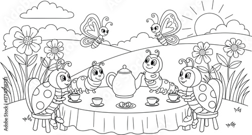 Cute Cartoon Insects Having a Tea Party in the Garden Coloring Page Vector Illustration