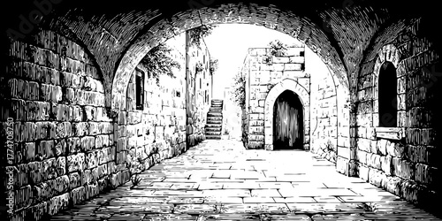 Antique stone passageway leading to open square - vintage hand drawn engraving scene