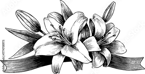 Elegant vintage bouquet of lilies with long leaves for design and decoration