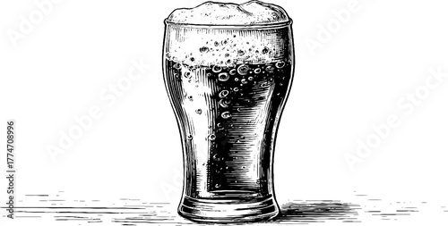 Vintage beer glass illustration with foam and bubbles for retro design