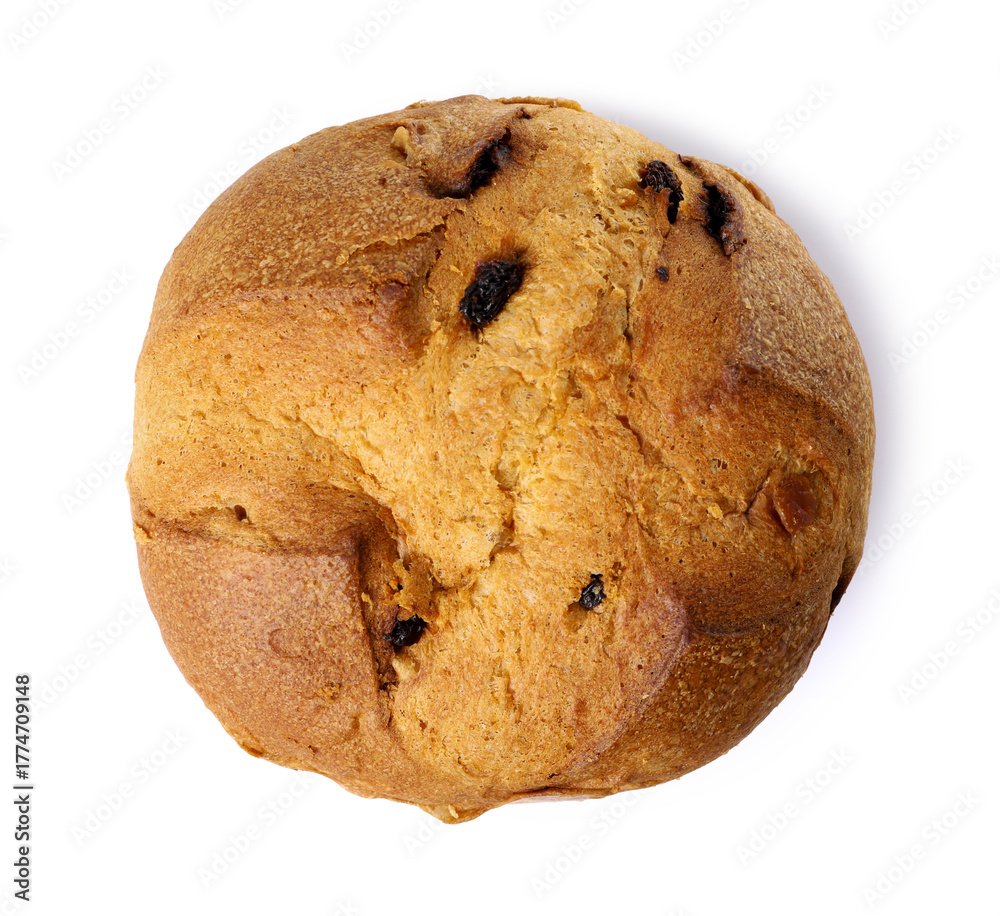 Obraz premium Christmas food. Delicious Panettone cake isolated on white, top view