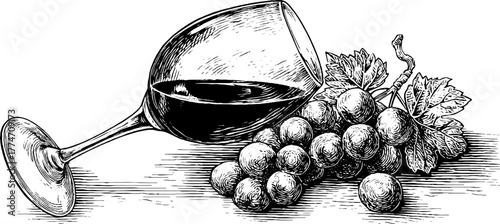 Elegant wine goblet and grapes engraving with detailed reflections for vintage design