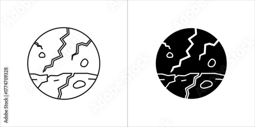 Cracked planet with craters in black and white
