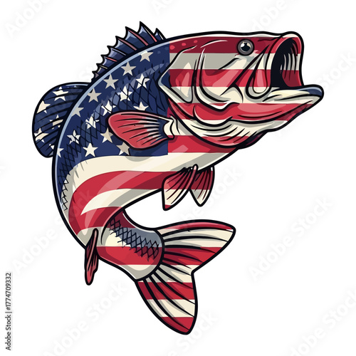 Largemouth Bass vector graphic decorated with the American flag for patriotic fishing apparel.