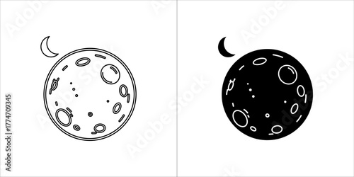 Full moon with craters and crescent in black and white