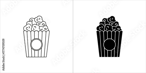 Popcorn icon set, black and white vector illustration