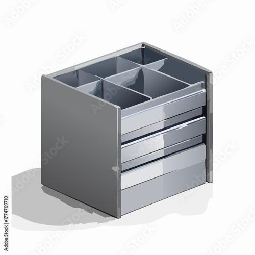 Modern metallic storage cabinet with drawers and compartments on white