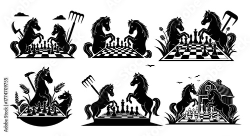 Horse Chess Farm Theme Black White Silhouettes Equestrian Game Rural Setting