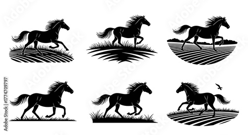 Galloping Horses in Fields Black and White Vector Silhouettes Set