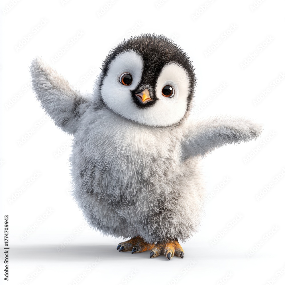 Fototapeta premium Fluffy baby penguin with outstretched wings standing on a white background 74 characters