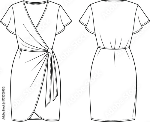 Technical flat sketch of women’s wrap dress, front and back view, with flutter sleeves, waist knot detail, asymmetrical hem, fashion illustration