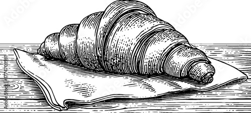Freshly baked croissant on linen cloth with flaky texture - retro engraving for design