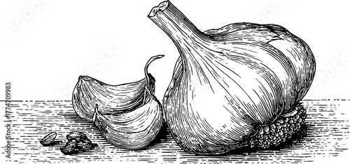 Hand drawn garlic bulb with partially peeled skin and single clove for culinary design