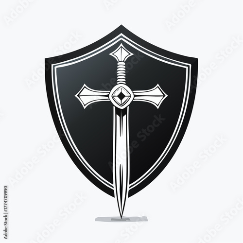 Shield and sword emblem a classic black and white vector illustration