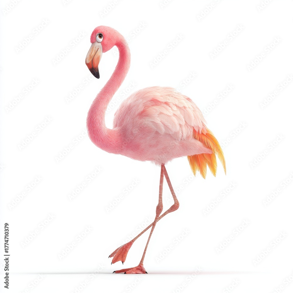 Obraz premium A fluffy pink cartoon flamingo stands on one leg with its head tilted bird