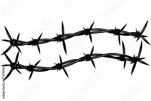 A stark black silhouette of barbed wire forming a twisted menacing line against a white background