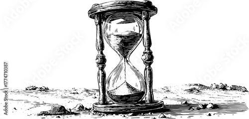 Hourglass with flowing sand in engraved frame symbolizing the passage of time - retro design for posters and cards