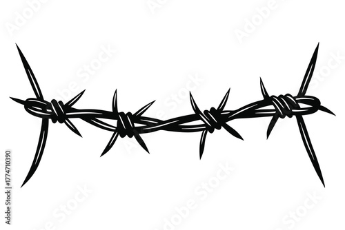 Sharp barbed wire strands with jagged spikes creating a stark silhouette against a white background