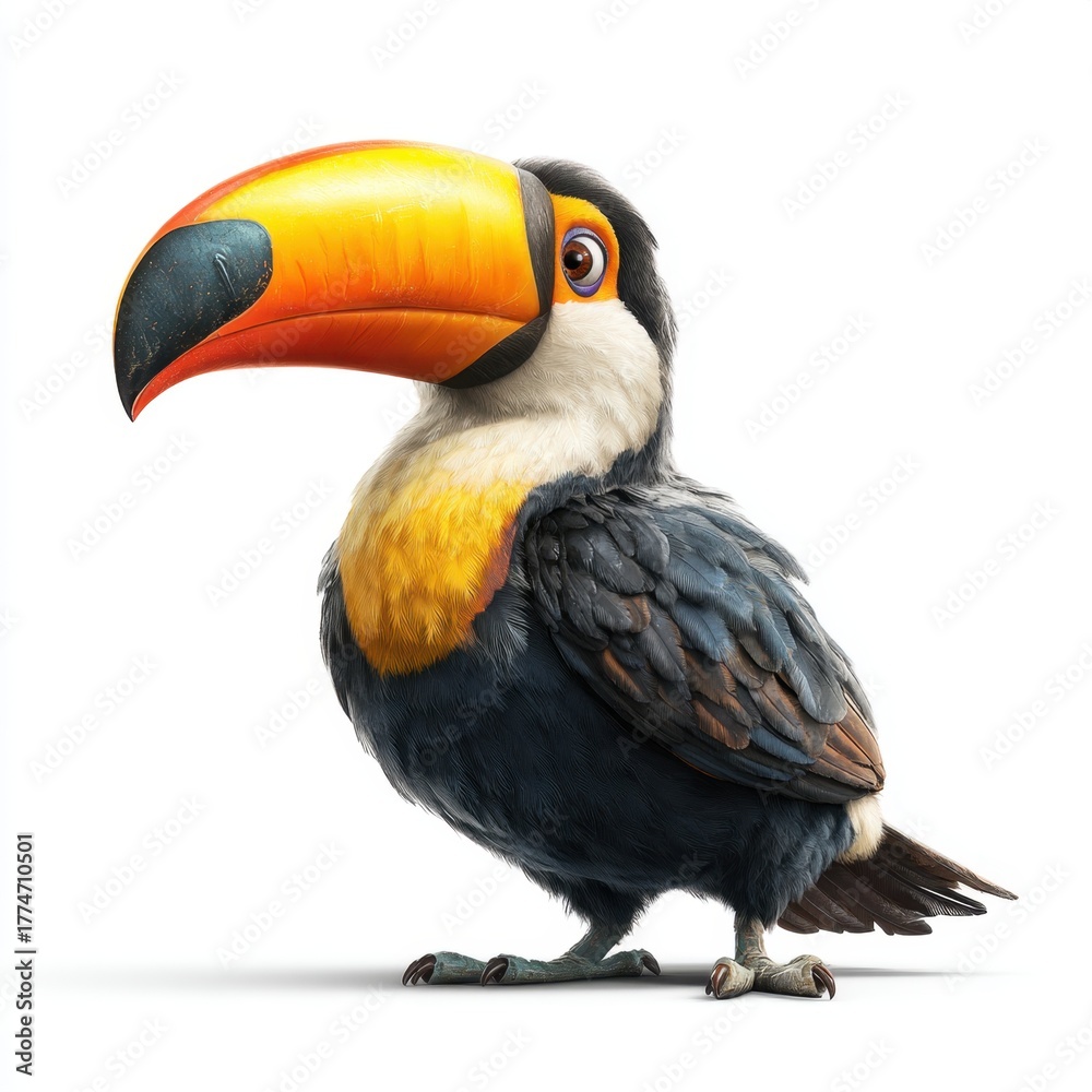 Obraz premium A realistic animated toucan bird with a large colorful beak stands on a white background