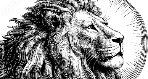 Majestic lion head in profile with flowing mane inside circular frame for artistic design