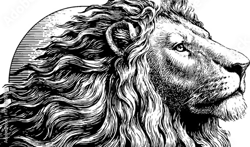 Majestic lion head profile with flowing mane in circular frame design
