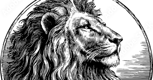 Majestic lion head profile with flowing mane in circular frame for vintage design