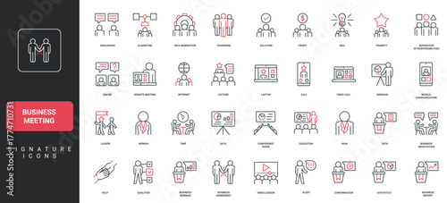 Business meeting signature icons set featuring teamwork, agreement, leadership, communication, and data concepts for presentations, reports, and digital projects vector illustration