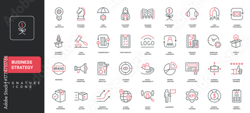 Modern business strategy icons including planning, analytics, branding, leadership, and finance for presentations, websites, and infographics isolated on white background vector illustration