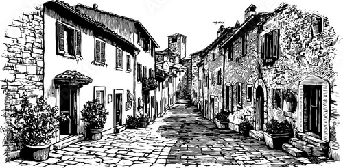 Charming european street with narrow buildings and cobblestone path in vintage style art