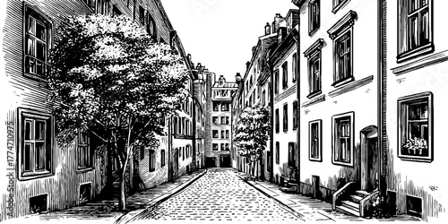 Charming old european street with narrow buildings and cobblestone pavement in vintage style