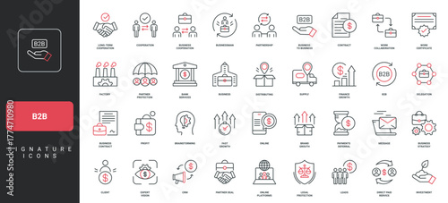 B2B, trade organization and support, global operations of enterprise, partnership line icon set. Partner deal, corporate company collaboration thin black and red outline symbols vector illustration