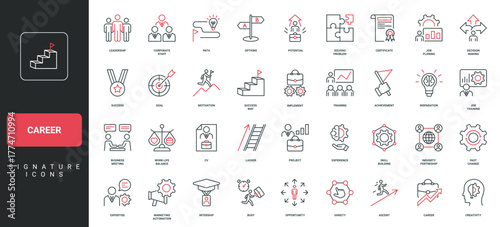 Career path and leadership, ladder to success, achievement line icon set. Potential skills and motivation of corporate staff, leader ambitions thin black and red outline symbols vector illustration