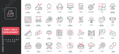 Early child development, preschool education and kindergarten, Montessori line icon set. Cognitive therapy, articulation, play and learning thin black and red outline symbols vector illustration