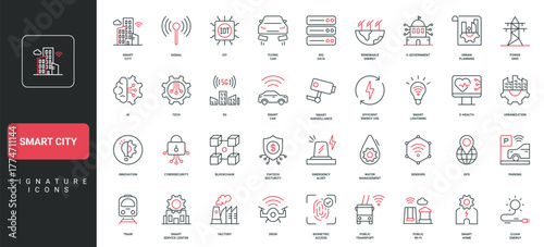 Smart city with renewable eco energy and IoT infrastructure, GPS and sensors line icon set. Urban planning, AI management and automation, 5G thin black and red outline symbols vector illustration