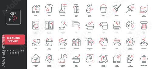 Cleaning service for house, detergent and janitors equipment, household tools line icon set. Cleaning gel and sponge, mop and broom for housework thin black and red outline symbols vector illustration
