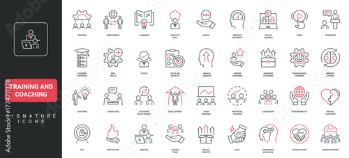Training and coaching, mentorship, learning for skill development line icon set. Training program, consulting by mentor and coach, focus on results thin black red outline symbols vector illustration