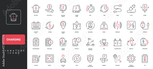 Charging station, eco power and energy, electronic device charger, battery recharge line icon set. Plug on cable, socket, adapter, electric car thin black and red outline symbols vector illustration