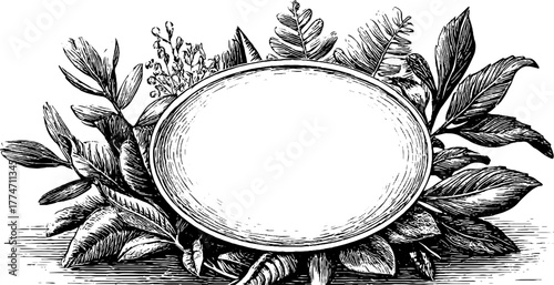 Ornamental circular frame with intertwined fern and laurel leaves design for elegant decoration