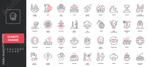 Climate change, human impact on environment, atmosphere and wildlife, global warming line icon set. Threat of natural disasters, biodiversity loss thin black and red outline symbol vector illustration