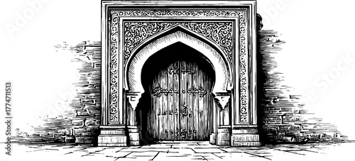 Vintage ornamental archway with intricate carvings for poster design